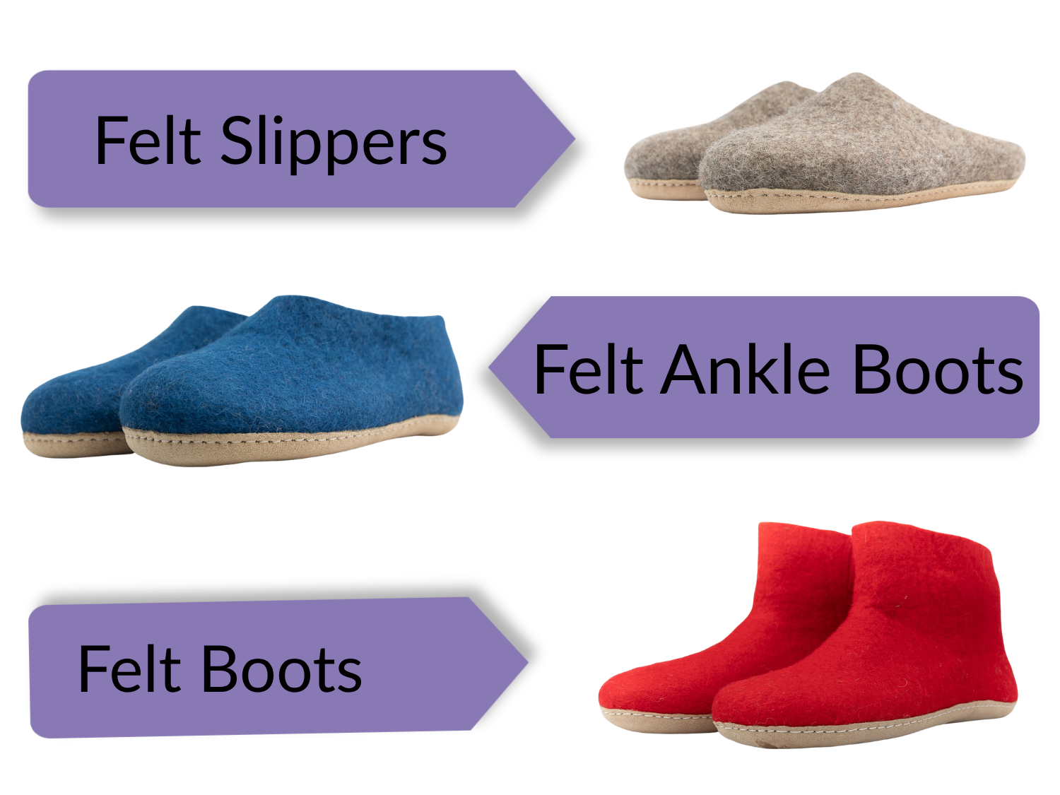 A side-by-side visual comparison of felted slippers, felted boots, and felted ankle boots in a clean product layout.
